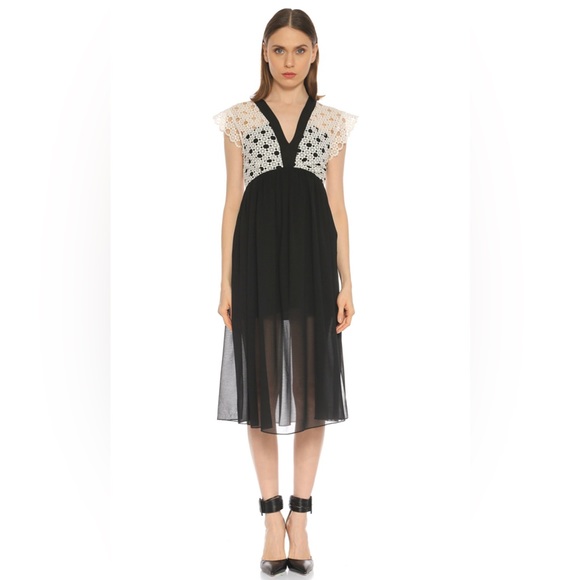 Sandro Paris Lace Trim Midi Dress in Black and White - Picture 3 of 15